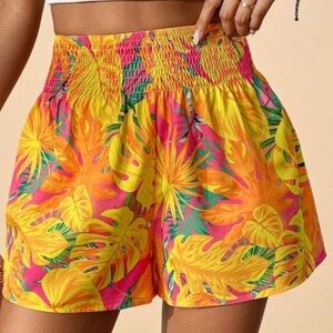 SHEIN Women's Vibrant Floral Shorts - Orange and Yellow